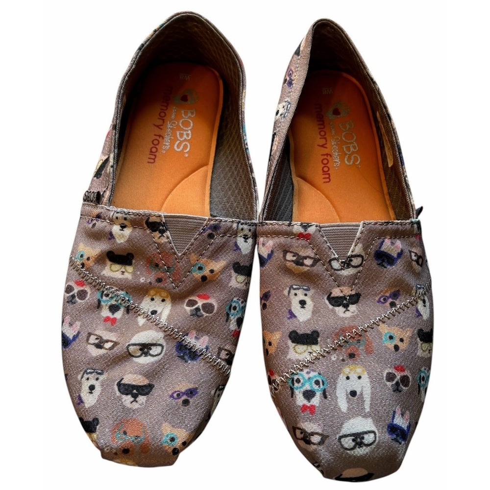 Skechers BOBS for‎ Dogs Slip On Flats Womens 8 Taupe Dog Print Memory Foam 34392